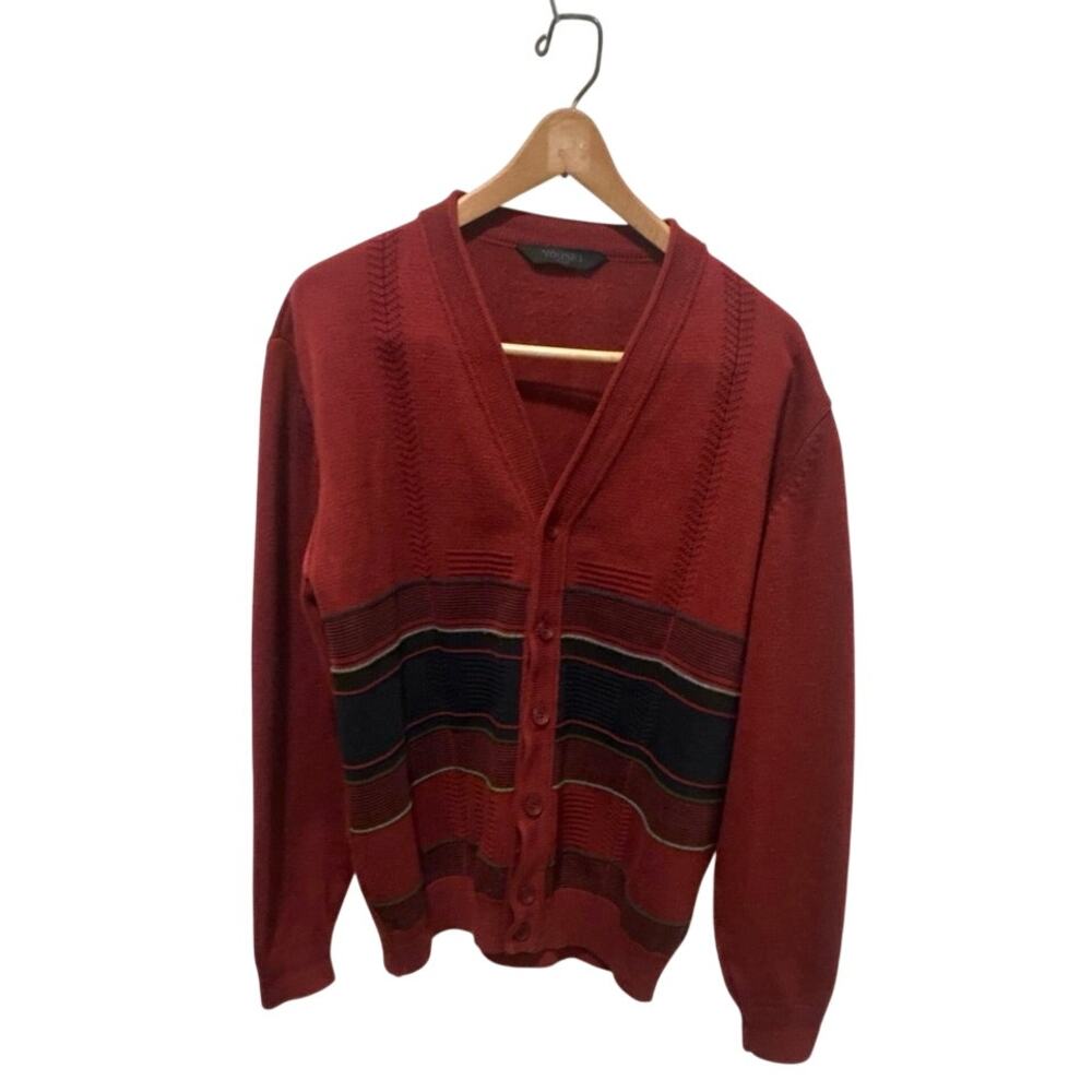 Vtg Yousri burgundy cardigan, navy gray horizontal textured stripes men’s L